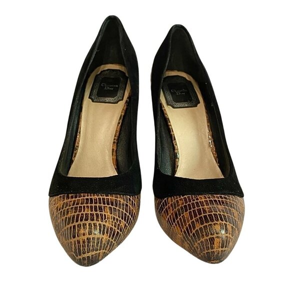 CHRISTIAN DIOR BROWN SNAKE EMBOSSED LEATHER BLACK SUEDE STILETTO HEEL PUMPS - 38 - Picture 2 of 9